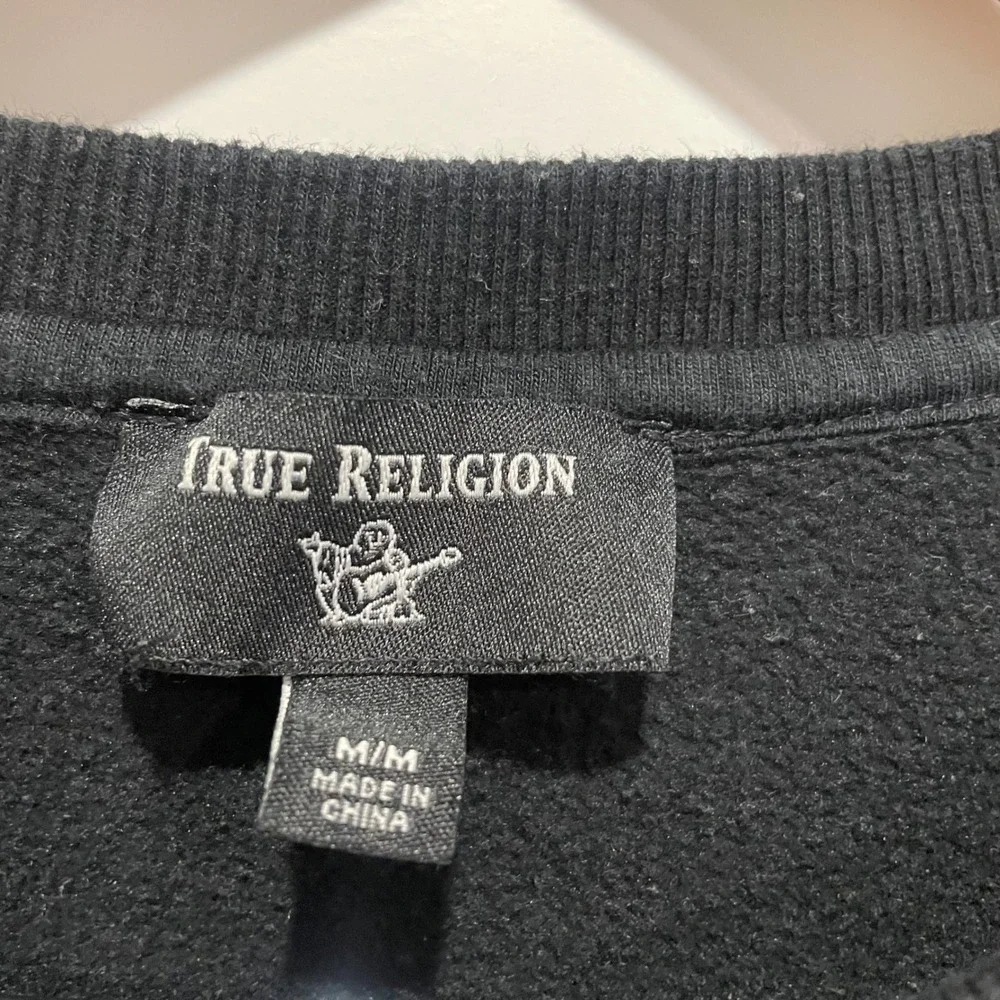 True Religion Men Buddha Logo Sweatshirt Black Gold Graphic Crewneck Size Medium
